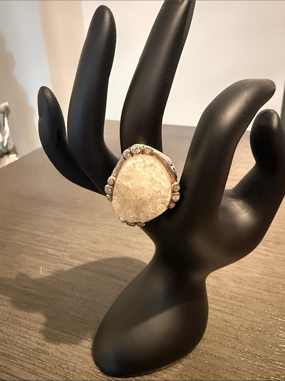 Elegant White Druzy Stone Cocktail Ring with Clear Accents!! Size 7.5